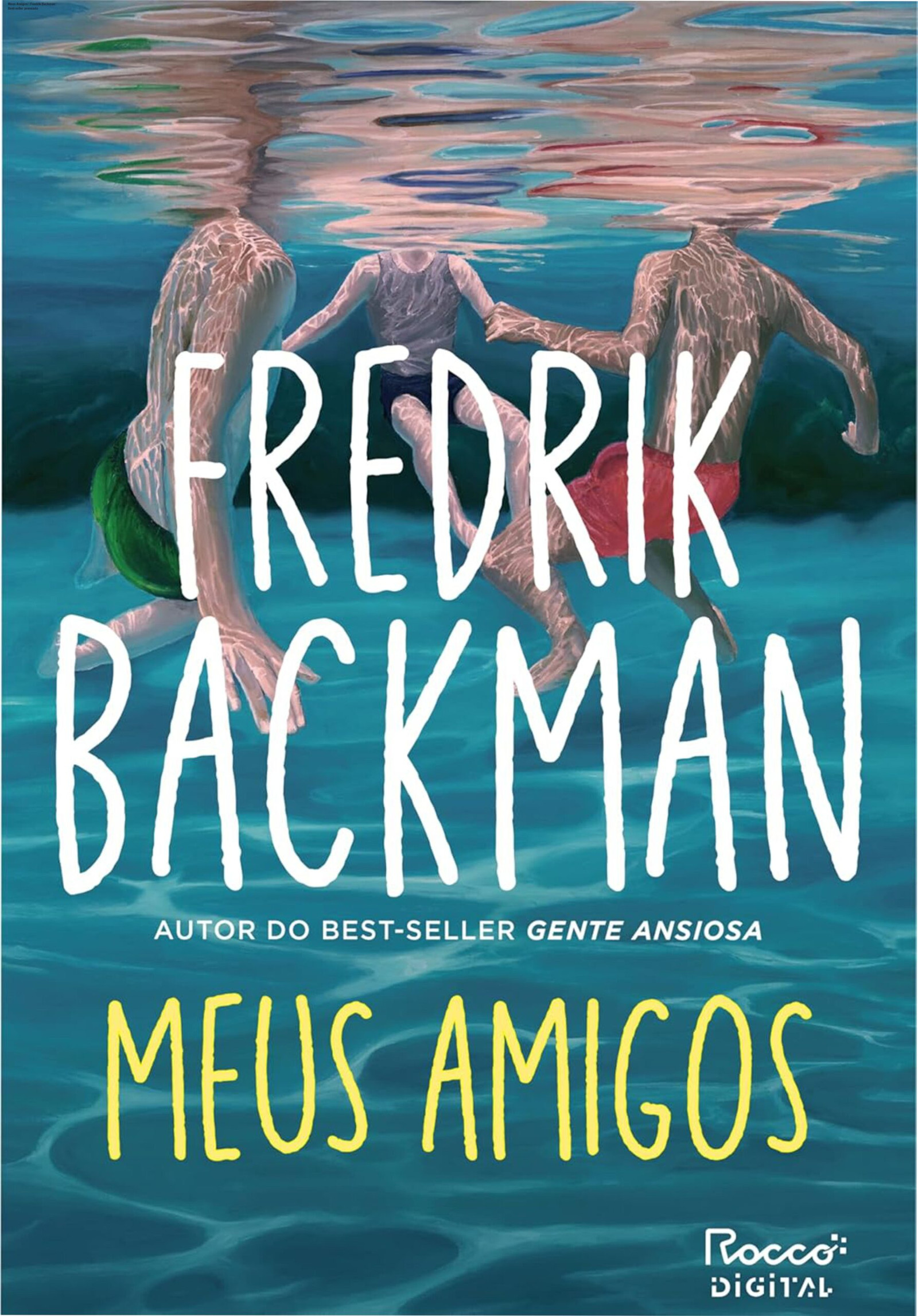 Capa do eBook Meus Amigos de Fredrik Backman, ilustrando duas figuras misteriosas em um cais ao pôr‑do‑sol, simbolizando amizade e arte