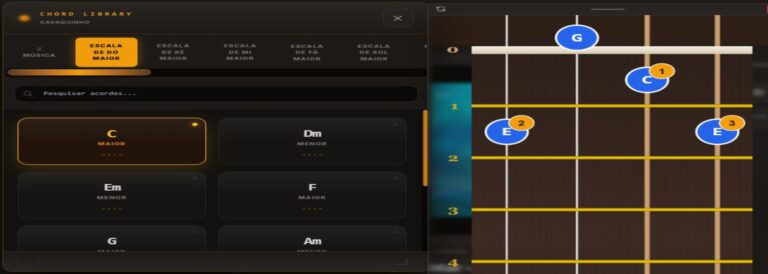 Cavaquinho com Dudu Nobre – Aprenda com IA e Correção ao Vivo 4 Aluno tocando cavaquinho na plataforma de Dudu Nobre, com IA corrigindo notas em tempo real