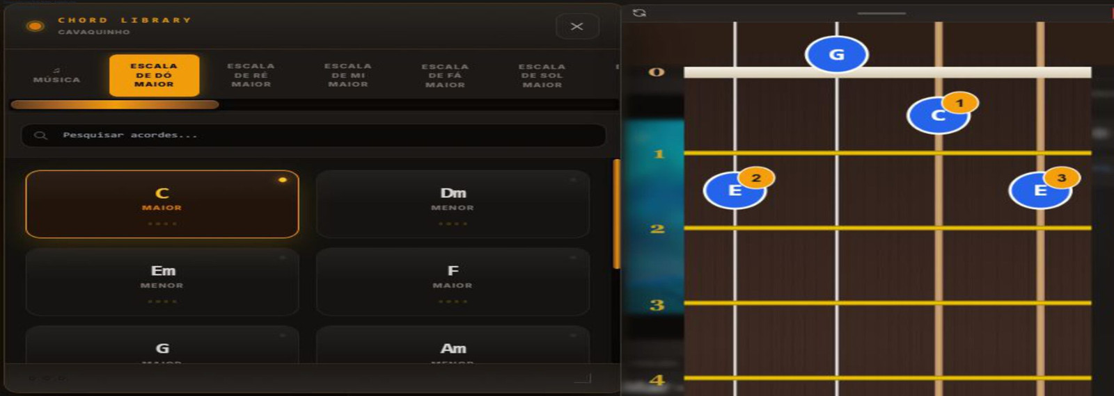 Aluno tocando cavaquinho na plataforma de Dudu Nobre, com IA corrigindo notas em tempo real
