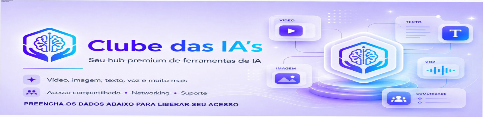 Imagem promocional do Clube das IA's mostrando cupom de desconto e acesso a múltiplas ferramentas de IA