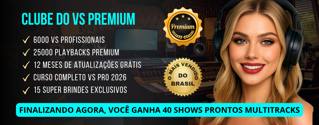 Imagem promocional do Clube do VS Premium mostrando biblioteca de 30 mil multitracks, curso de Reaper e preço de R$10,59 por mês