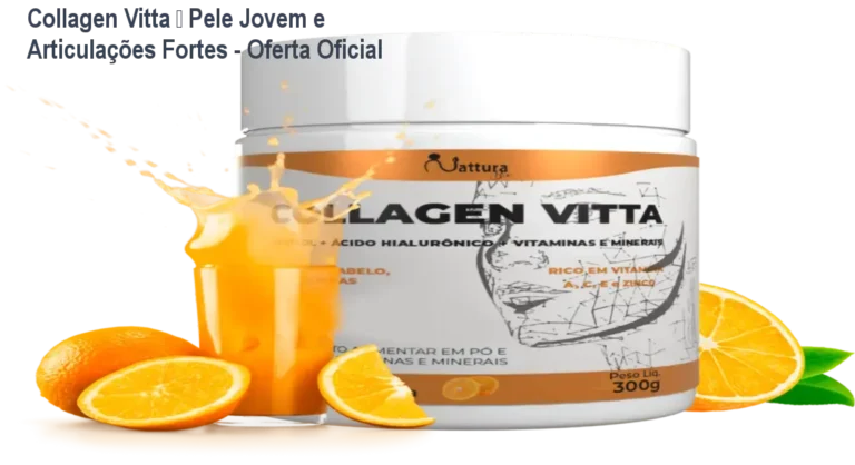Collagen Vitta — Pele Jovem e Articulações Fortes - Oferta Oficial 5 Frasco de Collagen Vitta sendo consumido para obter pele mais firme e articulações sem dor