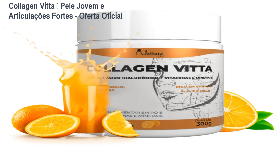 Collagen Vitta — Pele Jovem e Articulações Fortes - Oferta Oficial 1 Frasco de Collagen Vitta sendo consumido para obter pele mais firme e articulações sem dor