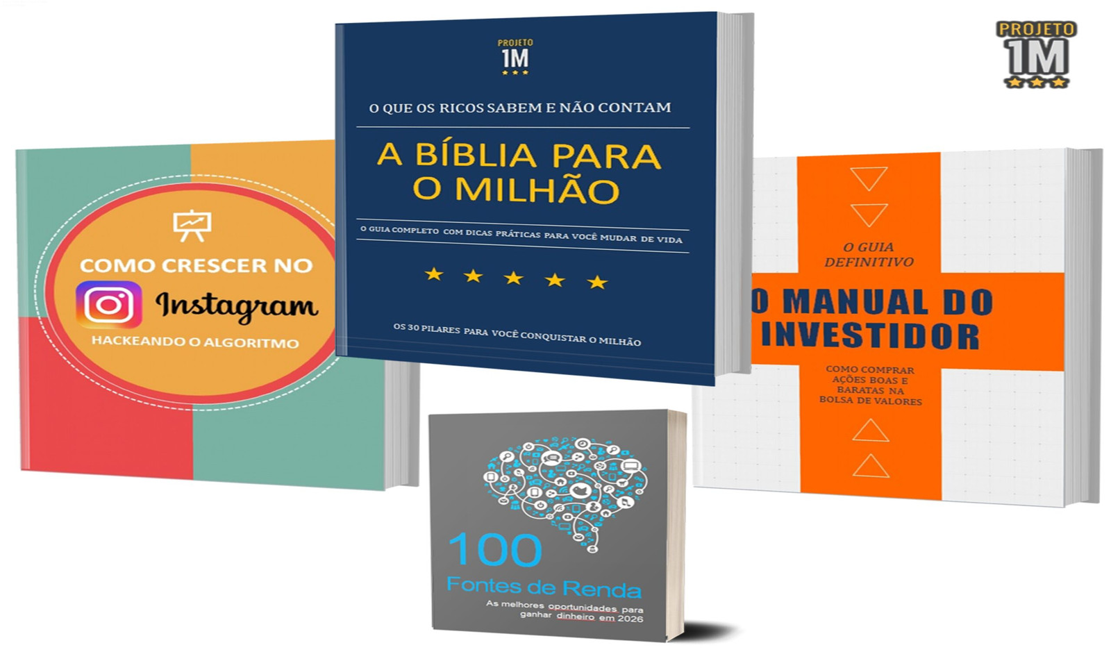 Capa do Combo Projeto Milhão mostrando como faturar o primeiro milhão, dominar Instagram e investir com 100 fontes de renda