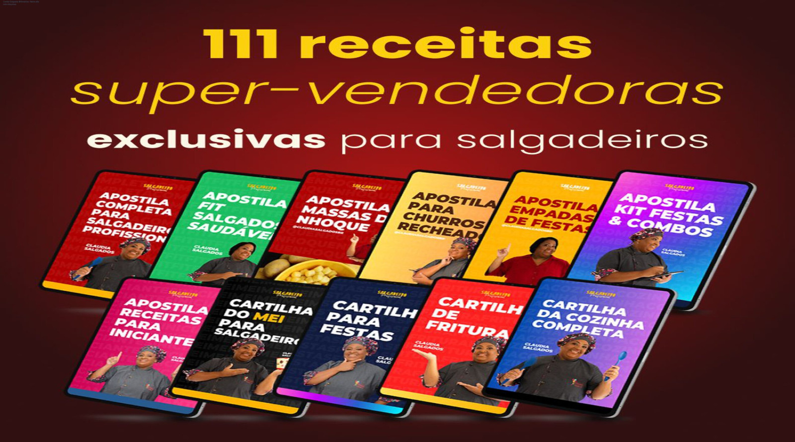 Imagem do Combo de Receitas de Salgados Milionárias mostrando apostilas digitais que ensinam a produzir salgados lucrativos em máquinas