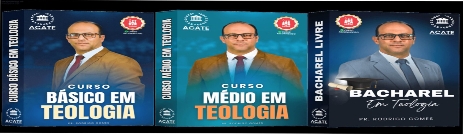 Combo Teológico Pastor Rodrigo Gomes: Formação Completa por R$497,90 1 Imagem do Combo Teológico Pastor Rodrigo Gomes com certificação CGADB e três níveis de estudo online