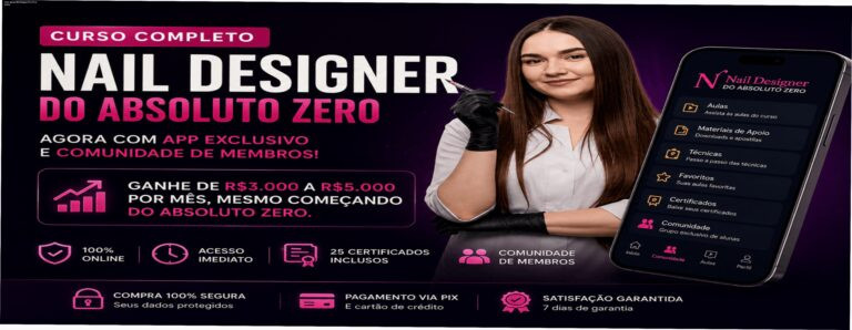 Como aplicar Nail Designer Pro 4.0 na prática 3 Tela do aplicativo da Nail Designer Pro 4.0 mostrando o dashboard de aulas, cronograma de prática e exemplo de aplicação real em unha de gel
