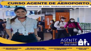 Imagem do curso online de agente de aeroporto mostrando acesso imediato, certificado e lista de vagas reais