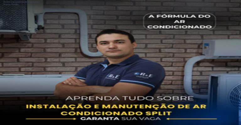 Tela do curso A Fórmula do Ar Condicionado mostrando aula prática de instalação em campo com destaque para ganhos profissionais