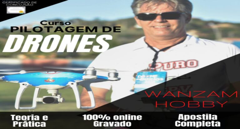 Curso Pilotagem de Drones Wanzam – Voe Seguro e Evite Danos 4 Imagem do curso online de pilotagem de drones Wanzam, mostrando um drone em voo e o certificado de conclusão