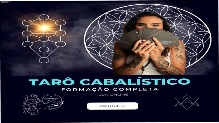 Tarô Cabalístico: Domine a Árvore da Vida e Transforme Leituras 5 Imagem do curso Tarô Cabalístico do Instituto Sarä Costa mostrando símbolos da Cabala e cartas de tarô