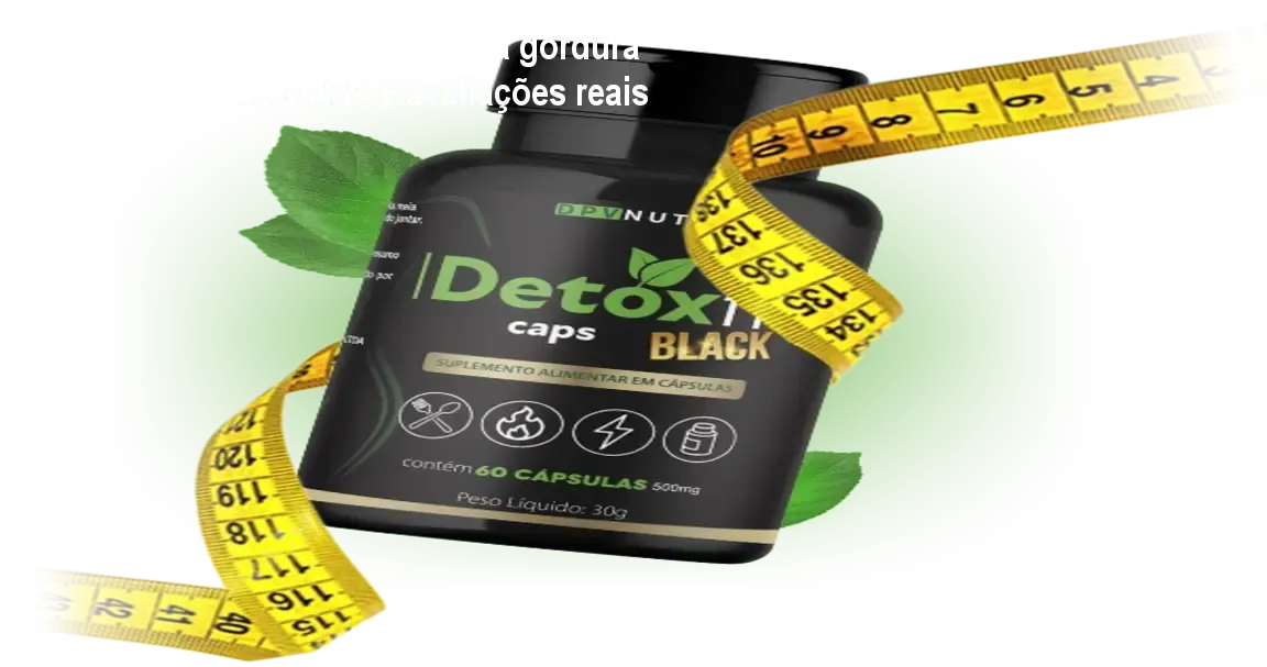 Frasco de Detox Fit Caps Black sendo usado por adulto para queimar gordura e controlar o apetite