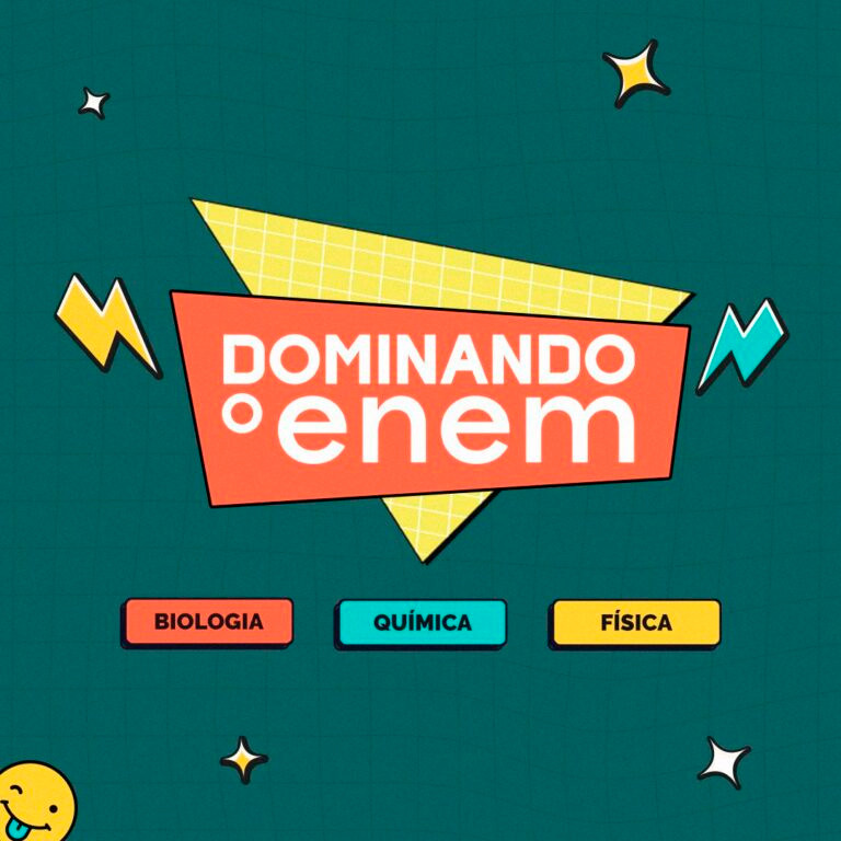 Imagem promocional do curso Dominando o ENEM mostrando tópicos de Biologia, Química e Física com destaque para 800 pontos