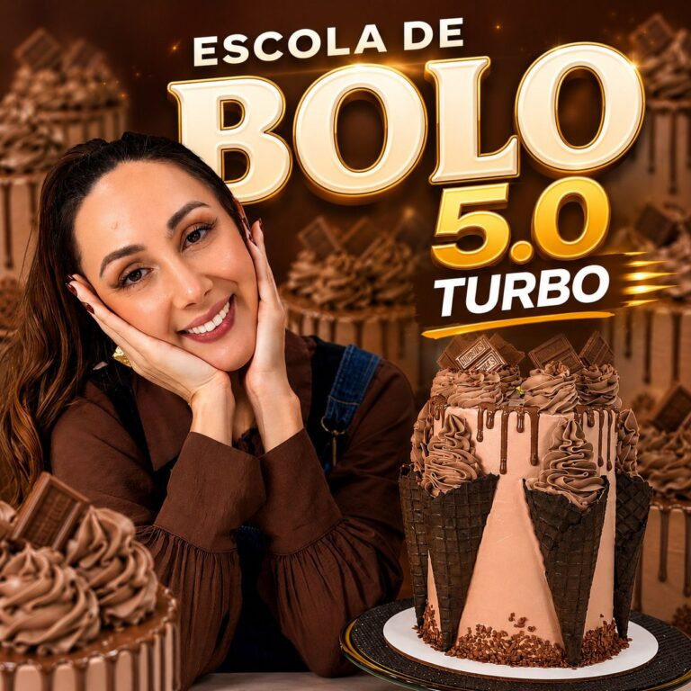 Imagem promocional da Escola de Bolos 5.0 Turbo com destaque para cupons e descontos