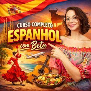 Imagem promocional do curso Espanhol com Beta da Prof. Roberta Spessatto mostrando cupons de desconto e benefícios do método científico
