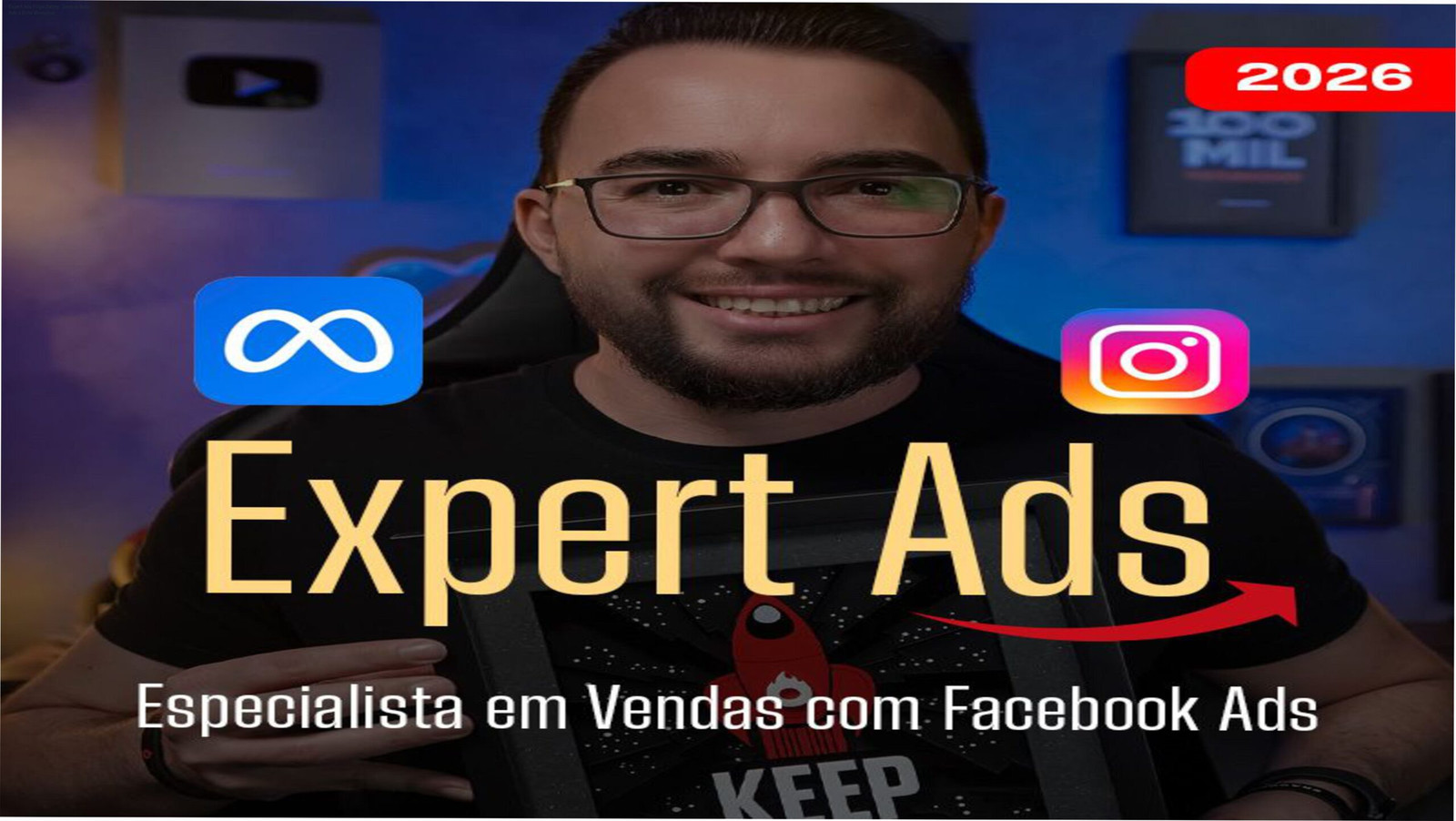 Imagem do curso Expert Ads 2026 mostrando anúncios no Facebook e Instagram para negócios locais