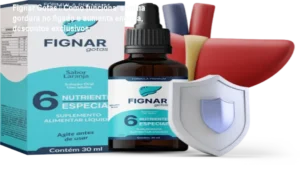 Frasco de Fignar Gotas sendo aplicado sublingual para eliminar gordura no fígado e recuperar energia