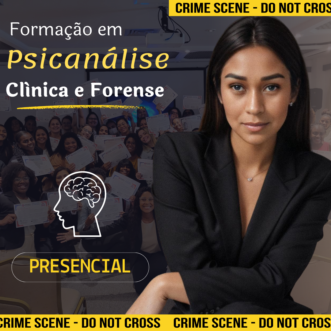 Imagem promocional da Formação em Psicanálise Clínica e Forense, mostrando um terapeuta estudando online com símbolos de psicologia (cérebro, sofá freudiano) e justiça (balança e documento legal).