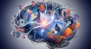 Ilustração da formação em Psicanálise Contemporânea da Dra. Andréa Vermont para coaches e executivos, mostrando aula virtual com símbolos de Freud, Lacan e espiritualidade.