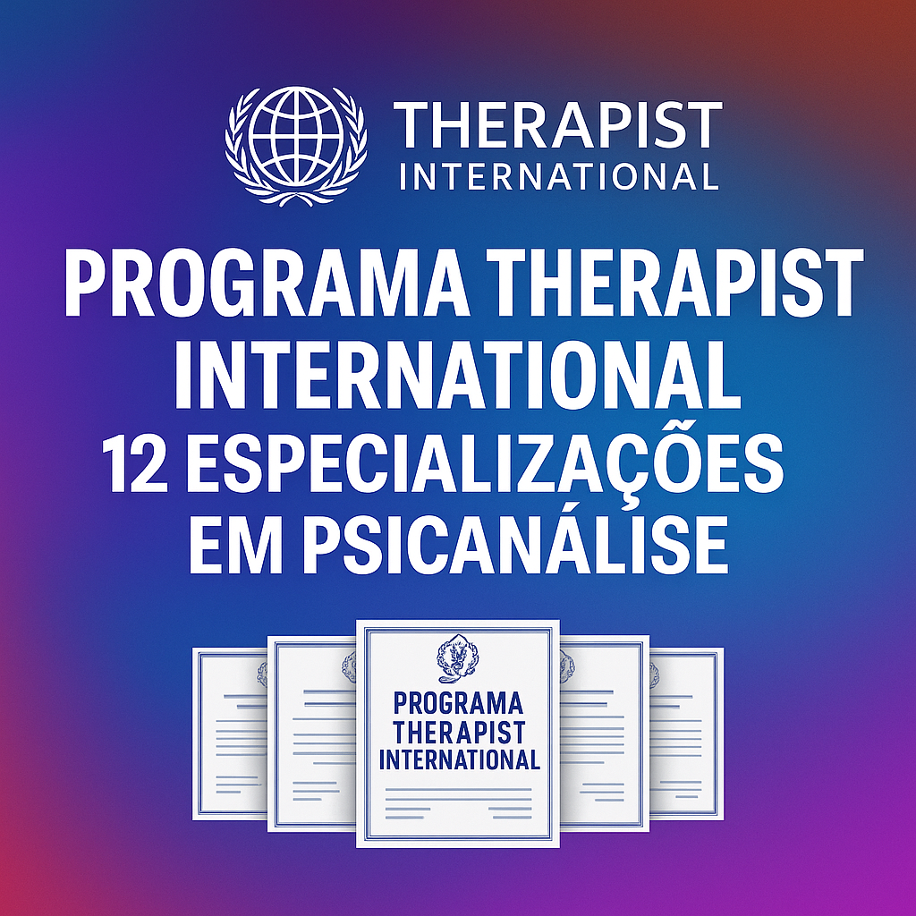 Imagem promocional da Formação Internacional em Psicanálise Clínica mostrando globo, ícone de psique, 12 certificações, acesso vitalício e título de Psicanalista Especialista.