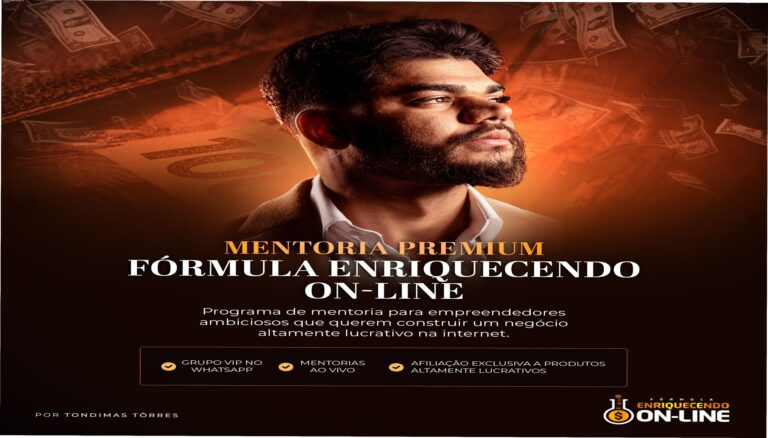 Imagem do curso Fórmula Enriquecendo Online VIIP mostrando suporte VIP, mentorias ao vivo e promessa de renda extra para iniciantes
