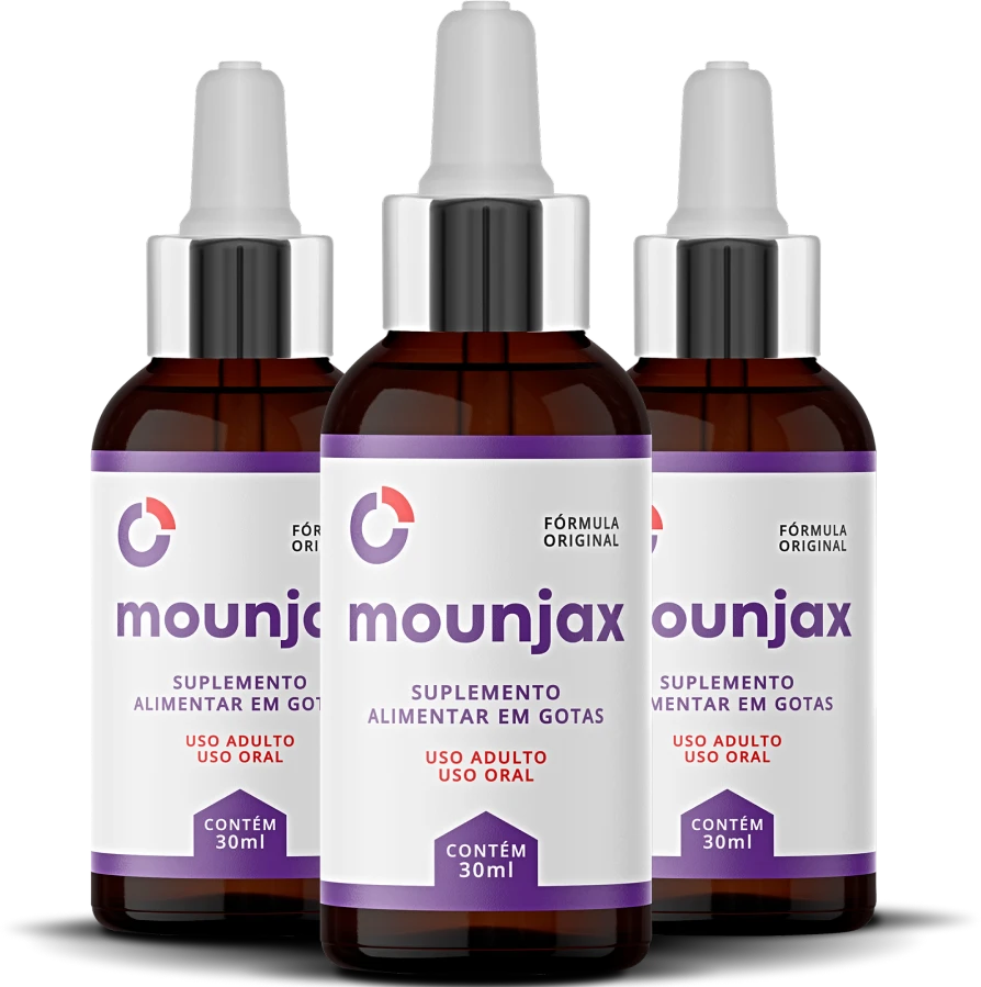 Frasco de Mounjax em gotas para emagrecimento com ingredientes naturais como café verde e dihidrocapsiato