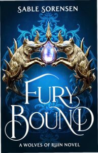 Cover of Fury Bound, the second book in The Wolves of Ruin series, showing a fierce direwolf and a queen in a fantasy battle backdrop