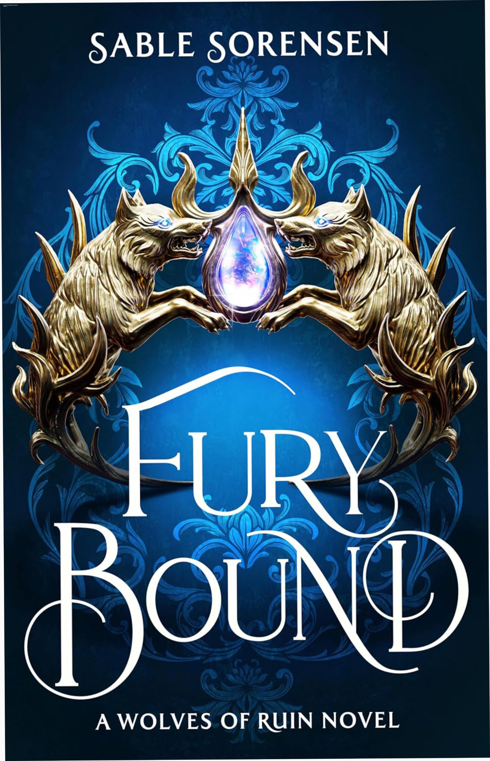 Cover of Fury Bound, the second book in The Wolves of Ruin series, showing a fierce direwolf and a queen in a fantasy battle backdrop