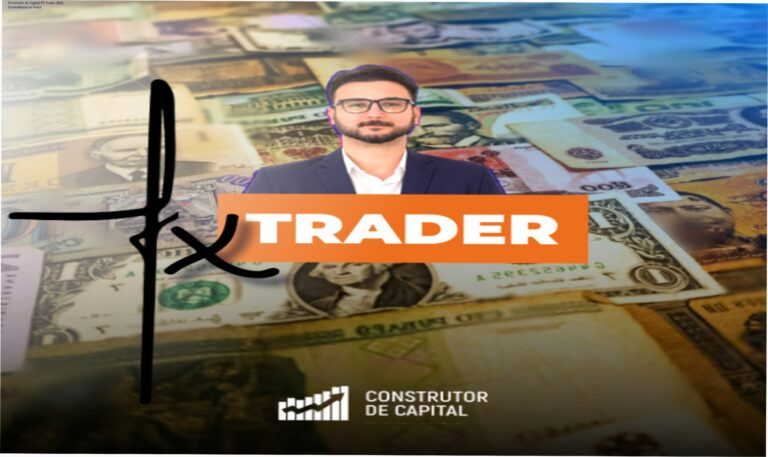 Imagem promocional do curso FX Trader 2025 mostrando análise macroeconômica e gráficos de Forex