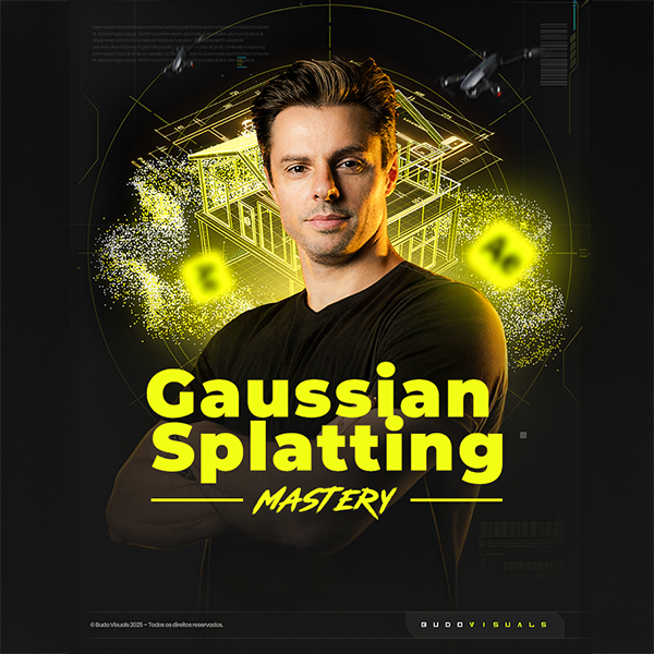 Imagem promocional do curso Gaussian Splatting Mastery de Gabriel Pitsch Sehn mostrando cena 3D hiper-realista criada no After Effects