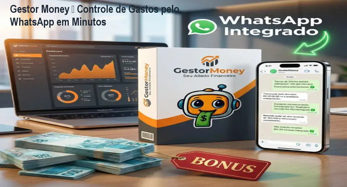 Tela do Gestor Money mostrando registro de despesa instantâneo enviado por mensagem no WhatsApp