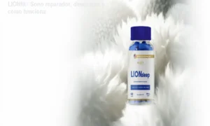 Frasco de LIONfit ao lado de uma cama, simbolizando sono reparador e manhã revigorada