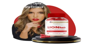 Frasco de LIONhair sobre bancada, cápsulas ao lado, mostrando cabelos mais volumosos e unhas fortes