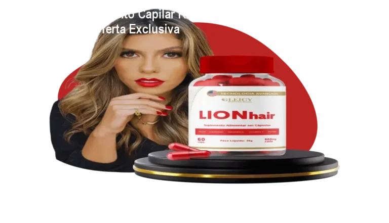 Frasco de LIONhair sobre bancada, cápsulas ao lado, mostrando cabelos mais volumosos e unhas fortes