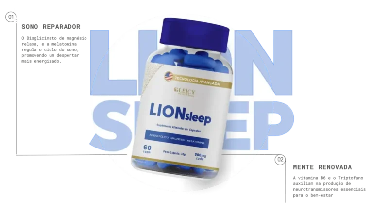 Cápsulas de LIONsleep ao lado de travesseiro, simbolizando sono profundo e energia ao acordar