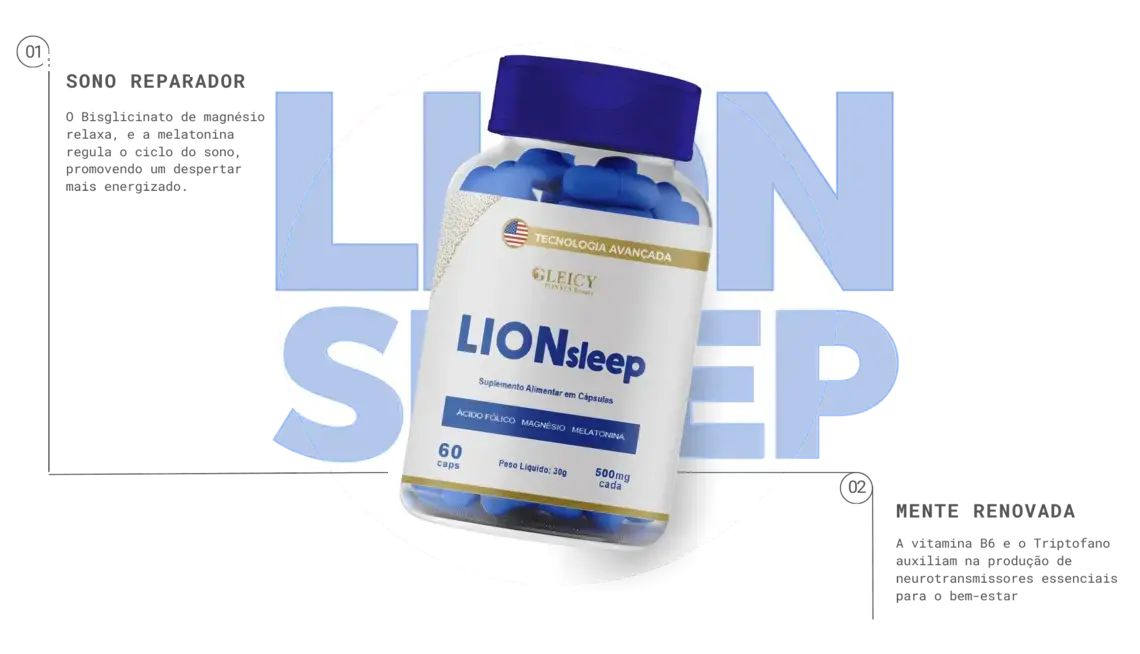 Cápsulas de LIONsleep ao lado de travesseiro, simbolizando sono profundo e energia ao acordar