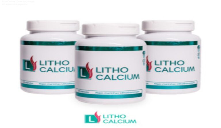 Frasco de Litho Calcium ao lado de cápsulas, mostrando como o suplemento alivia dores e aumenta a energia