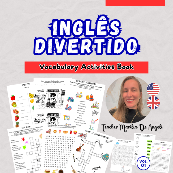 Livro de atividades em inglês com caça-palavras, palavras cruzadas e jogos educativos para aprender de forma divertida