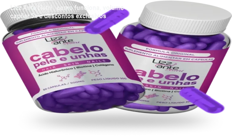 Frasco de Lizz Ante Nutri ao lado de cabelos volumosos e pele firme, mostrando o efeito do Silício Inteligente