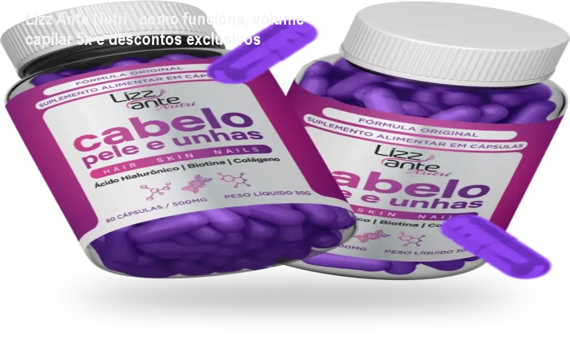 Frasco de Lizz Ante Nutri ao lado de cabelos volumosos e pele firme, mostrando o efeito do Silício Inteligente
