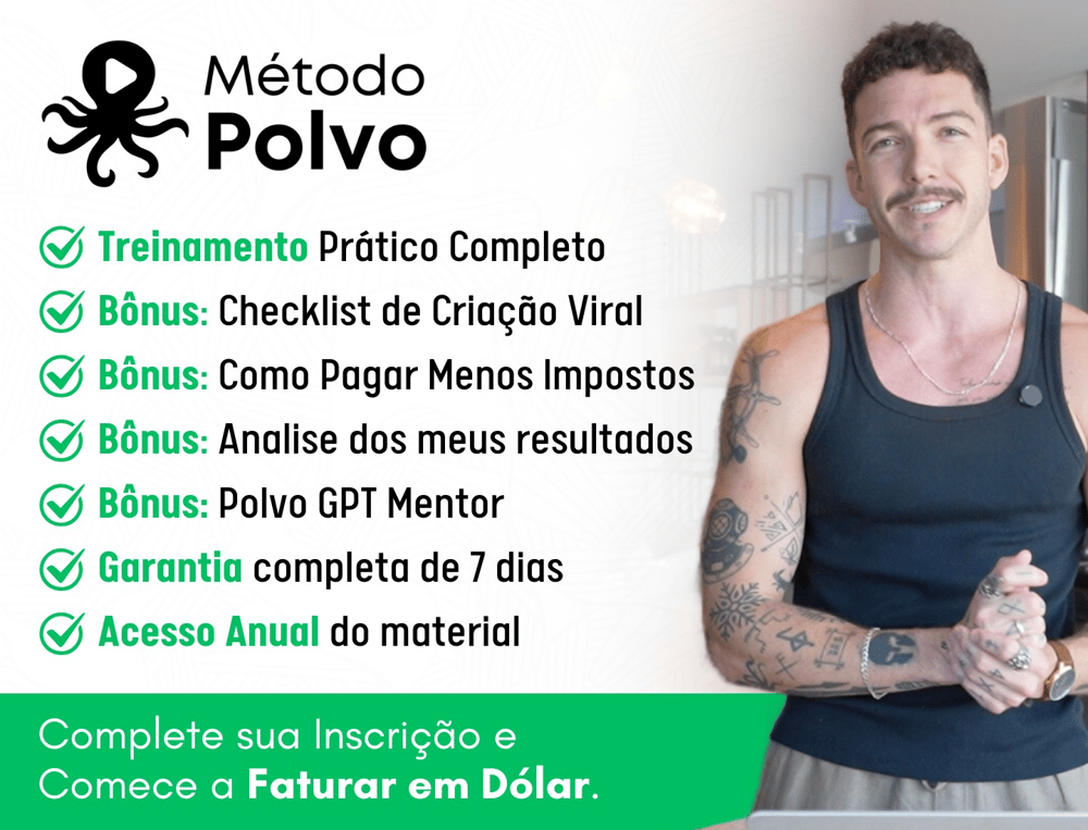 Ilustração do Método Polvo 4x1 mostrando um celular com dashboard de ganhos e um polvo de quatro braços segurando ícones de marketing digital e renda em dólar.