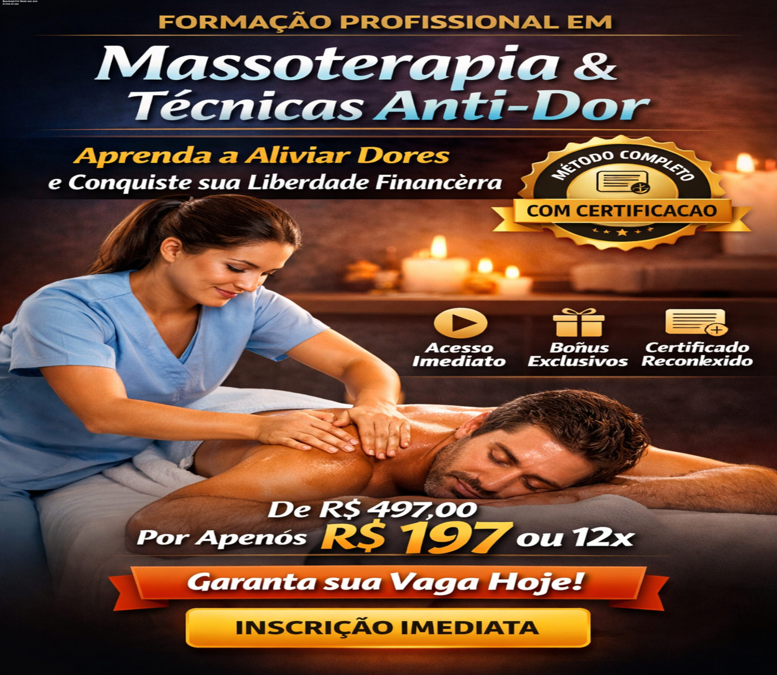 Aluno praticando massoterapia anti‑dor com o Prof. Enf. Wendel José, mostrando alívio imediato