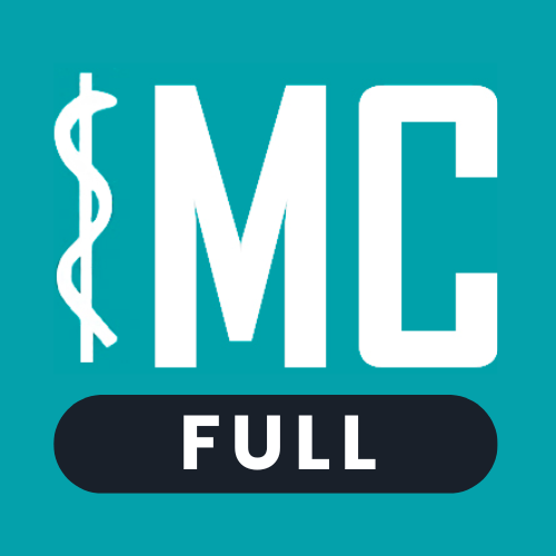 Tela do Medcards FULL mostrando flashcards de clínica médica e questão de residência, com algoritmo de repetição baseado em confiança
