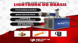 Imagem da Mentoria Fiber Lightburn mostrando tela do software e biblioteca de vetores exclusivos