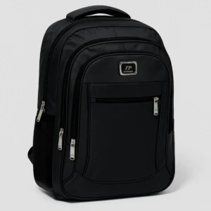 Mochila grande de 40 L com alças reforçadas, compartimentos internos e bolso para notebook de até 20 polegadas, disponível nas cores preto, azul, cinza‑escuro e vermelho.