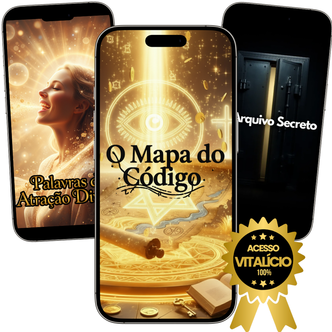 Imagem promocional do curso "O Código de Deus" de Victor Doné, mostrando um manuscrito aberto, laptop, símbolos quânticos e aura de prosperidade.