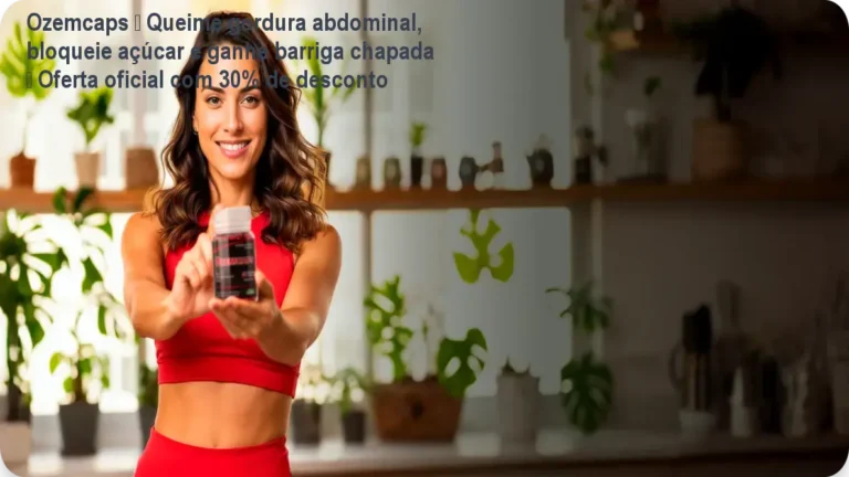 Frasco de Ozemcaps na cozinha, mostrando cápsulas vermelhas que ajudam a queimar gordura e reduzir o inchaço abdominal