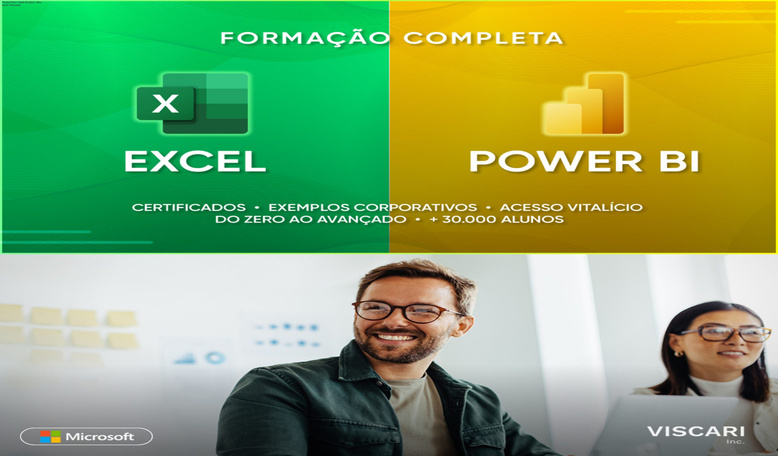 Pacote Office + Power BI Expert: vale a pena? Onde achar 1 Imagem promocional do Pacote Office + Power BI Expert mostrando certificado, aulas práticas e acesso vitalício com IA integrada