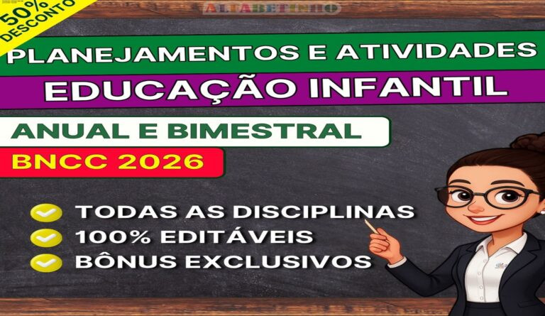 Imagem do material Planejamentos e Atividades 2026 mostrando exemplos de planos editáveis em Word para professores