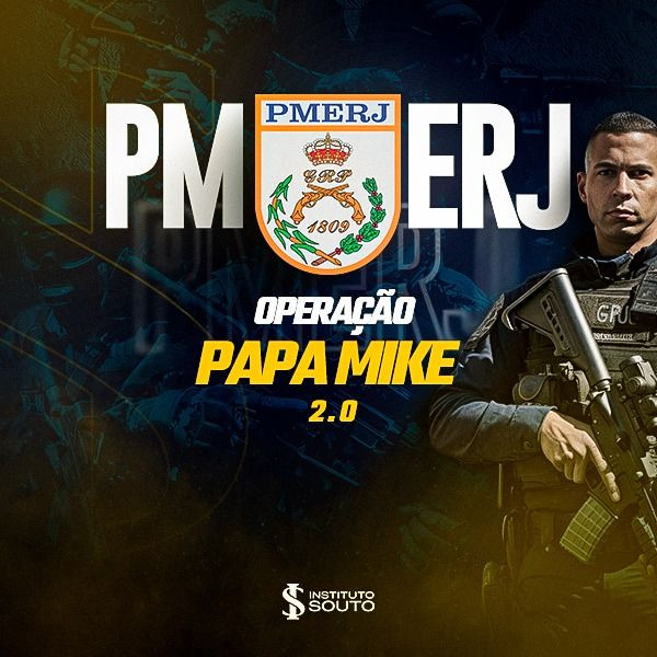 Estudante usando tablet com a interface do curso Operação Papa Mike 2.0, ao fundo a silhueta do Rio de Janeiro e um distintivo da PMERJ.